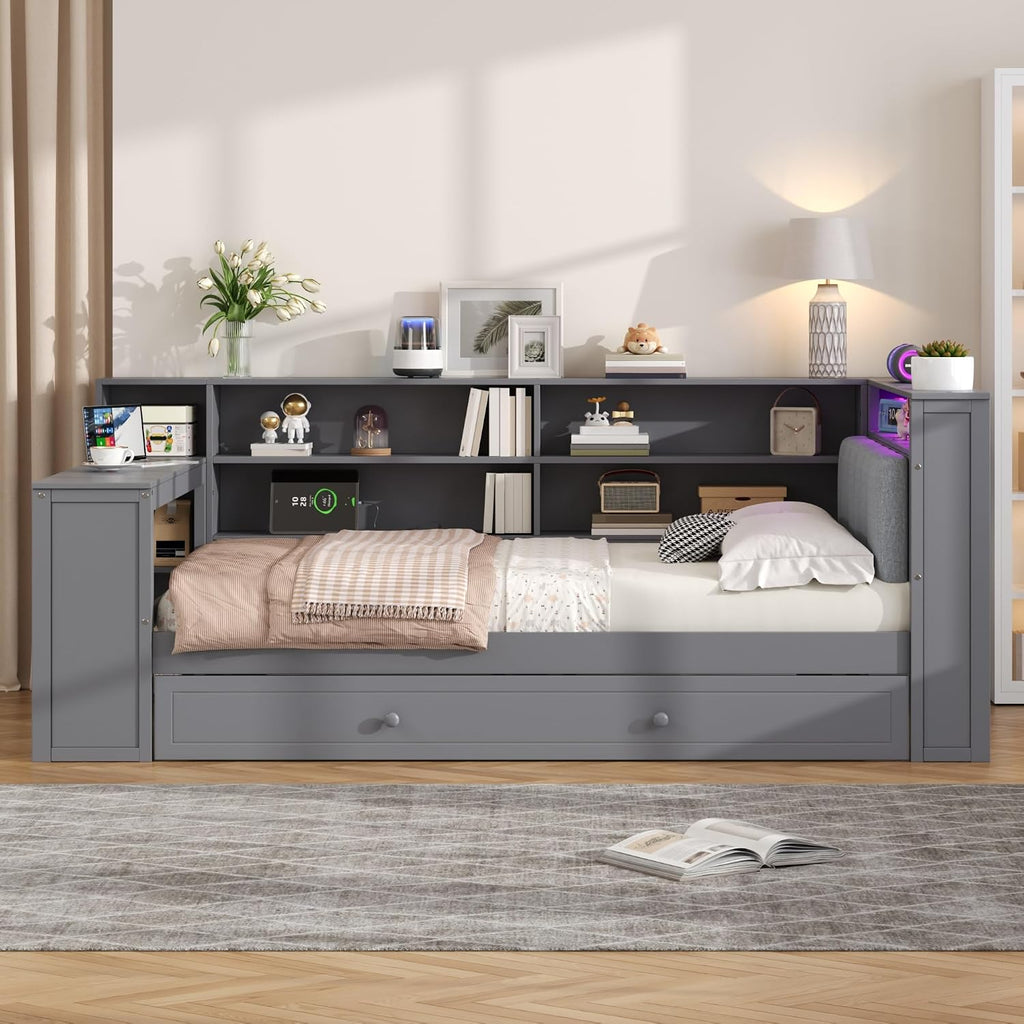 Bellemave Full Corner Bed with Bookcase Storage and LED Lights, Wooden Platform Bed Frame with Desk and Twin Trundle, Full Daybed with Upholstered Headboard and Charging Station, Grey