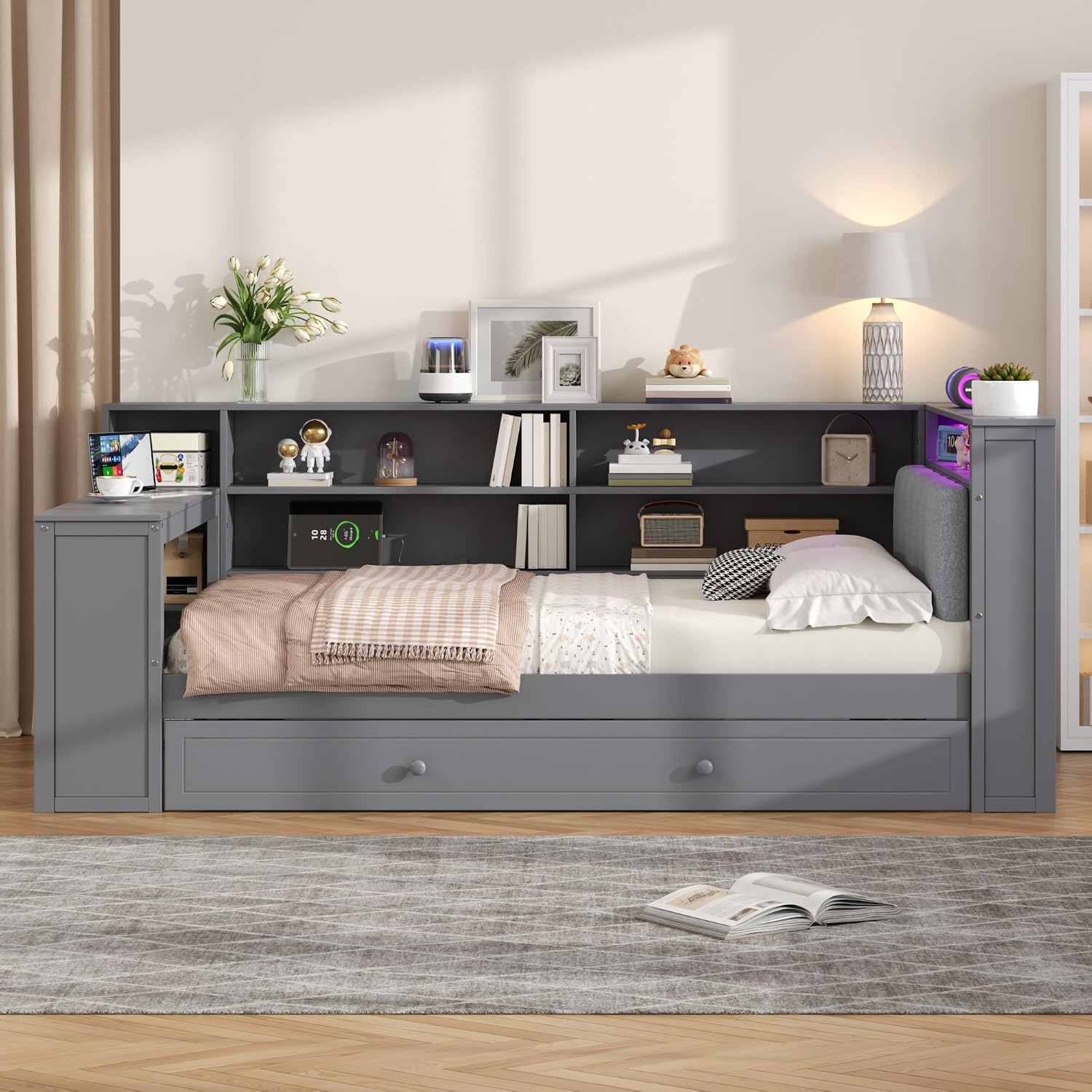 Bellemave Full Corner Bed with Bookcase Storage and LED Lights, Wooden Platform Bed Frame with Desk and Twin Trundle, Full Daybed with Upholstered Headboard and Charging Station, Grey