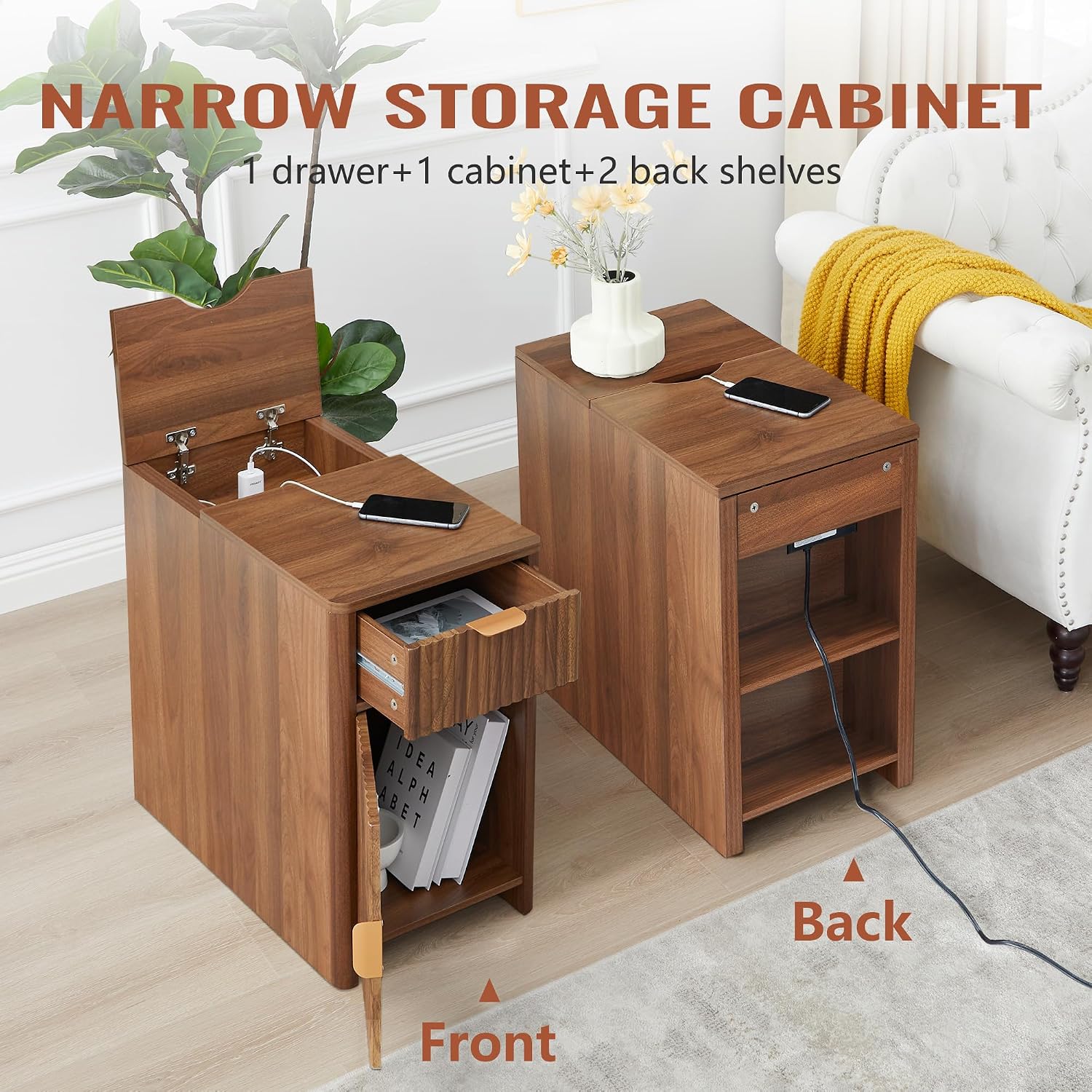 Fluted Narrow End Table with Charging Station, Farmhouse Side Table with Drawer Storage, Small Night Stand with Power Outlets and USB Ports, Sofa Side Table for Living Room - Walnut