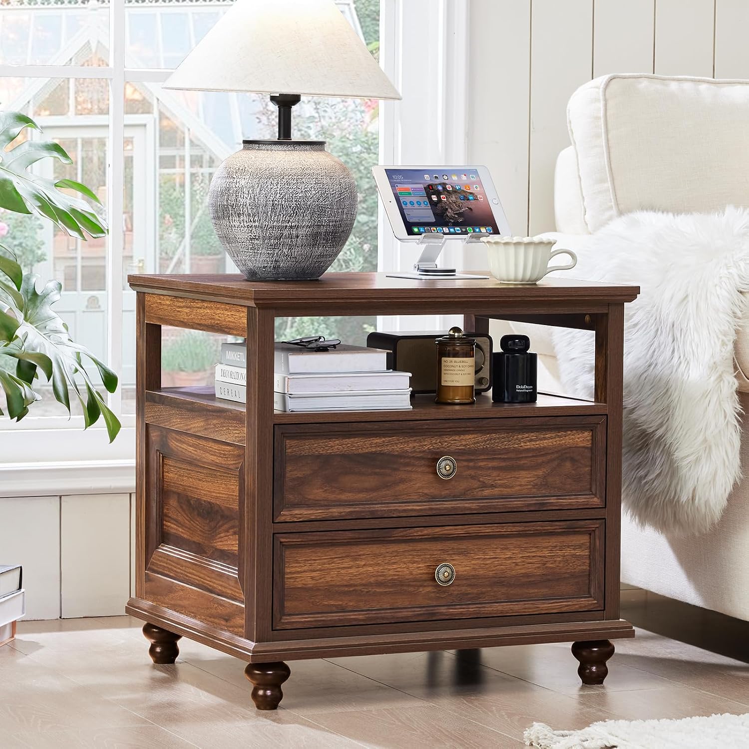 Joaxswe 24' Wide Farmhouse Night Stand Set of 2,Large End Table with 2 Drawers & Metal Handle,Brown Wood Dresser for Bedroom, Bed Side Table Chest of Drawers Cabinet, Nightstand for Living Room,Closet