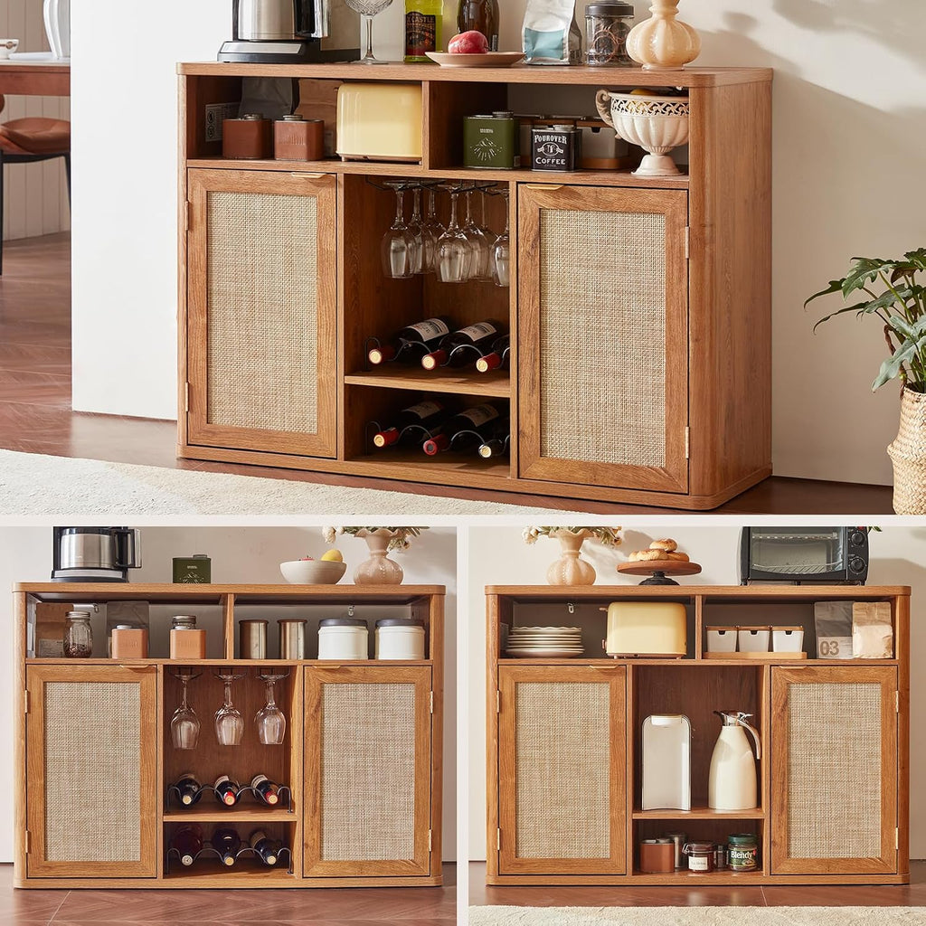 Lerliuo Rattan Wine Cabinet with 2 Doors, Boho Liquor Cabinet with Wine Racks, Farmhouse Coffee Bar Station for Living Room, Dining Room, Kitchen, Tea Brown