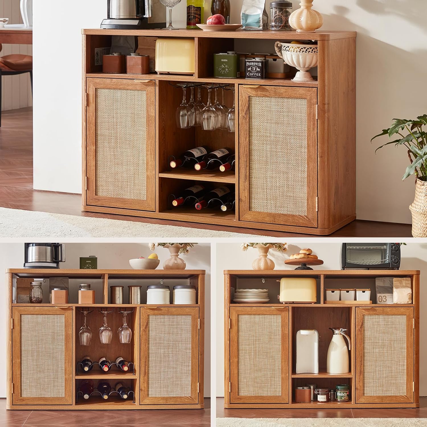 Lerliuo Rattan Wine Cabinet with 2 Doors, Boho Liquor Cabinet with Wine Racks, Farmhouse Coffee Bar Station for Living Room, Dining Room, Kitchen, Tea Brown