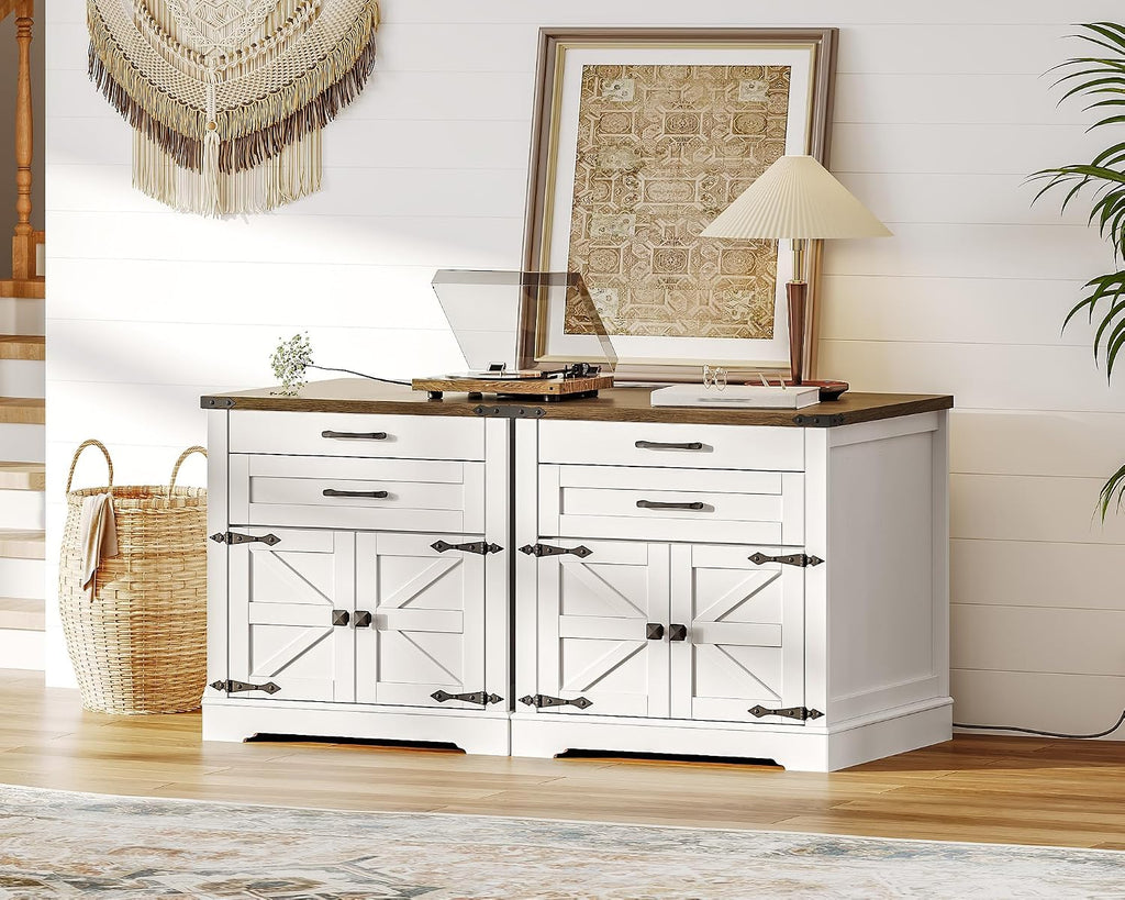 RALGEND Farmhouse End Table with Charging Station, 24'' Sofa Side Table with 2 Drawers and Barn Door, Large Rustic Wooden Square Nightstand for Bedroom, Living Room, White and Walnut