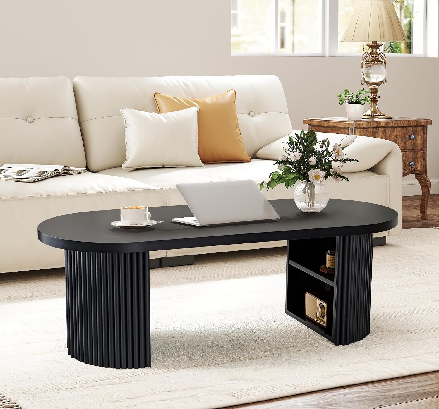 Oval Fluted Coffee Table, 47' Farmhouse Wood Coffee Table Mid Century Modern Center Table Boho Living Room Tables for Living Room Office,Black