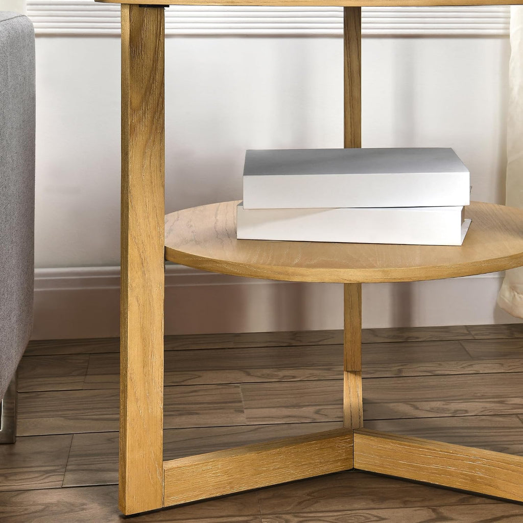Large Round End Table, Rustic Beside Table with Umbrella Shaped Top, Traditional Circular Sofa Side Table with Shelf, 25.2'D Nightstand, Telephone Table for Living Room Natural CJZ3338OA