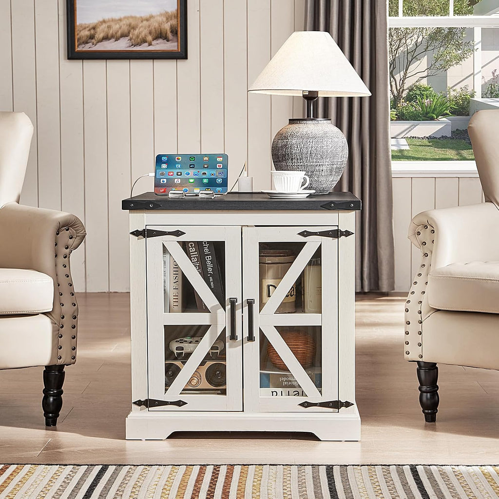 Joaxswe 24' End Table with Charging Station, Farmhouse Night Stand with Glass Barn Door, White Nightstands with Adjustable Storage Shelf, Large Wood Square Bed Side Table for Living Room,Bedroom