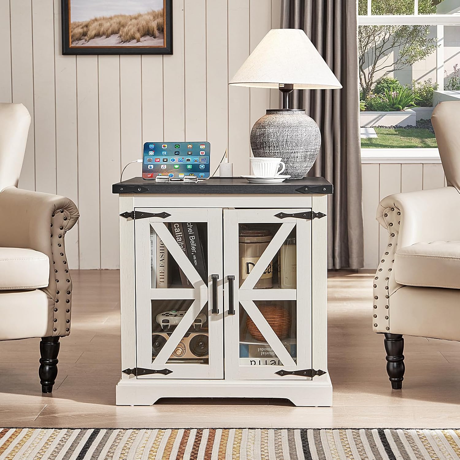 Joaxswe 24' End Table with Charging Station, Farmhouse Night Stand with Glass Barn Door, White Nightstands with Adjustable Storage Shelf, Large Wood Square Bed Side Table for Living Room,Bedroom