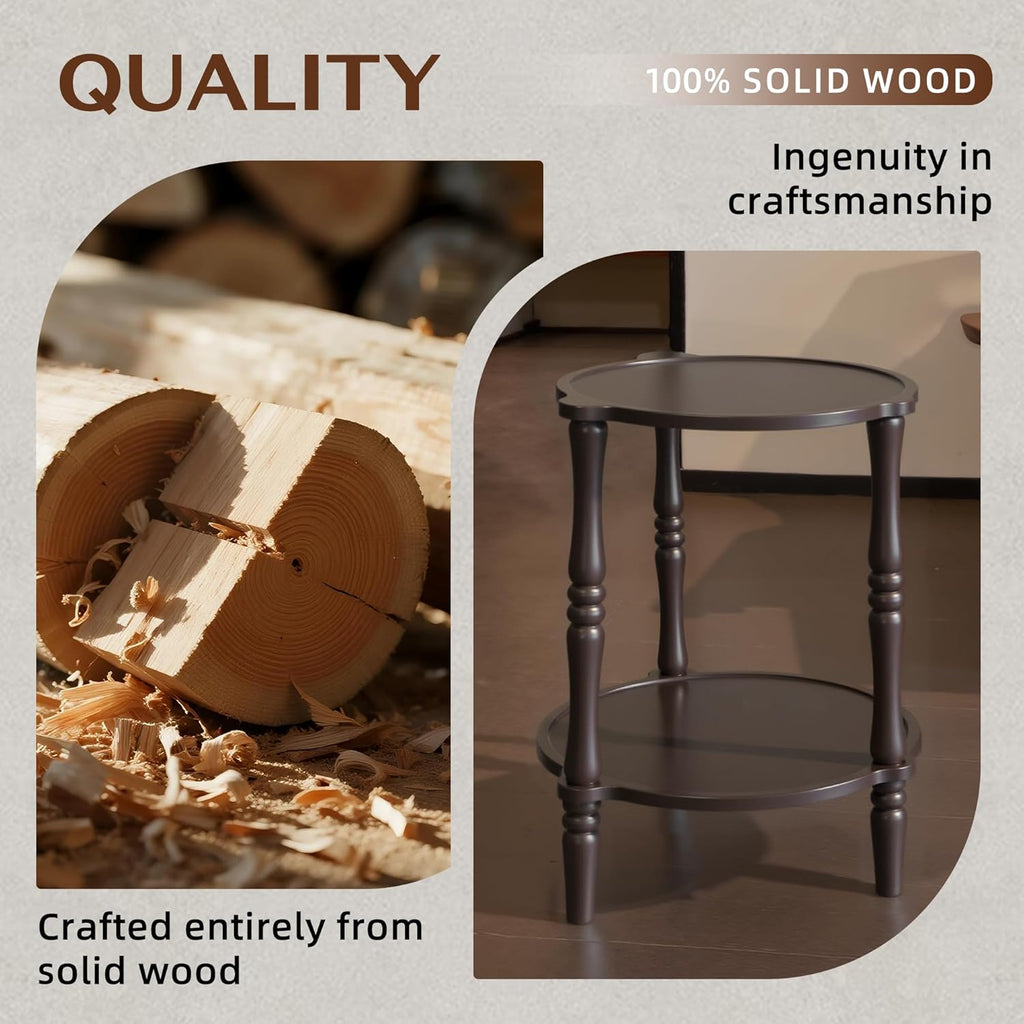 Accent Wood End Table, 2-Tier Round Bedside Table, Natural Side Table Nightstand for Family, Bedroom, Living Room, Handcrafted Finish, Walnut