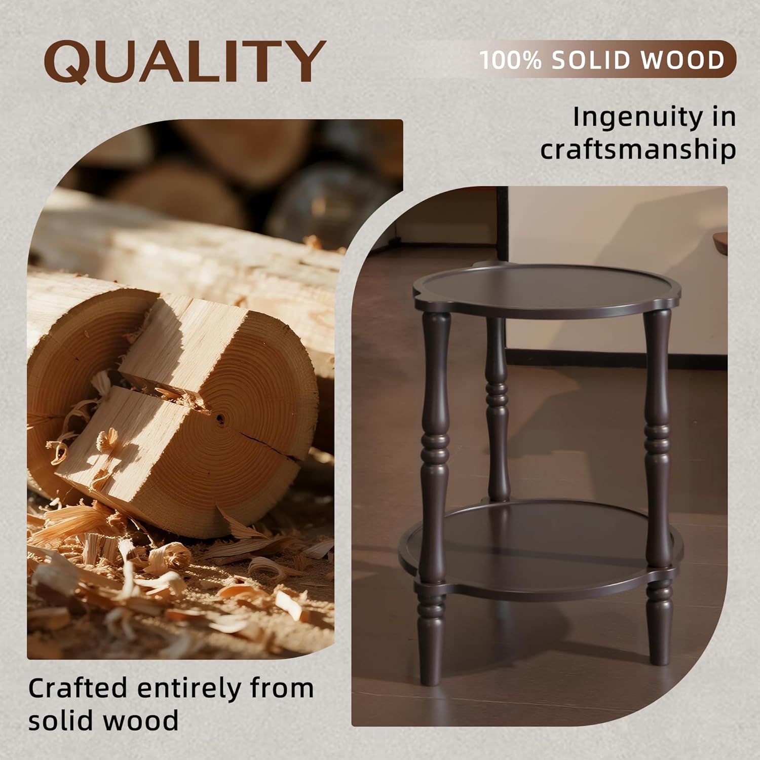 Accent Wood End Table, 2-Tier Round Bedside Table, Natural Side Table Nightstand for Family, Bedroom, Living Room, Handcrafted Finish, Walnut