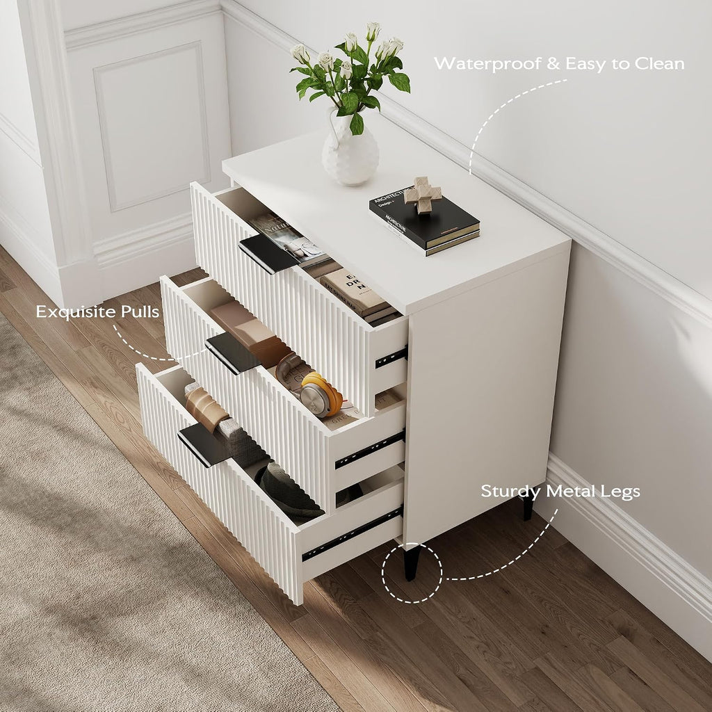 25.6' W Fluted Nightstand with 3 Drawer, Modern Wood Night Stands Bedside Table for Bedroom King/Queen Bed, End Table with Robot-Friendly Legs for Living Room,Entry (3 Drawers-1pcs-White)