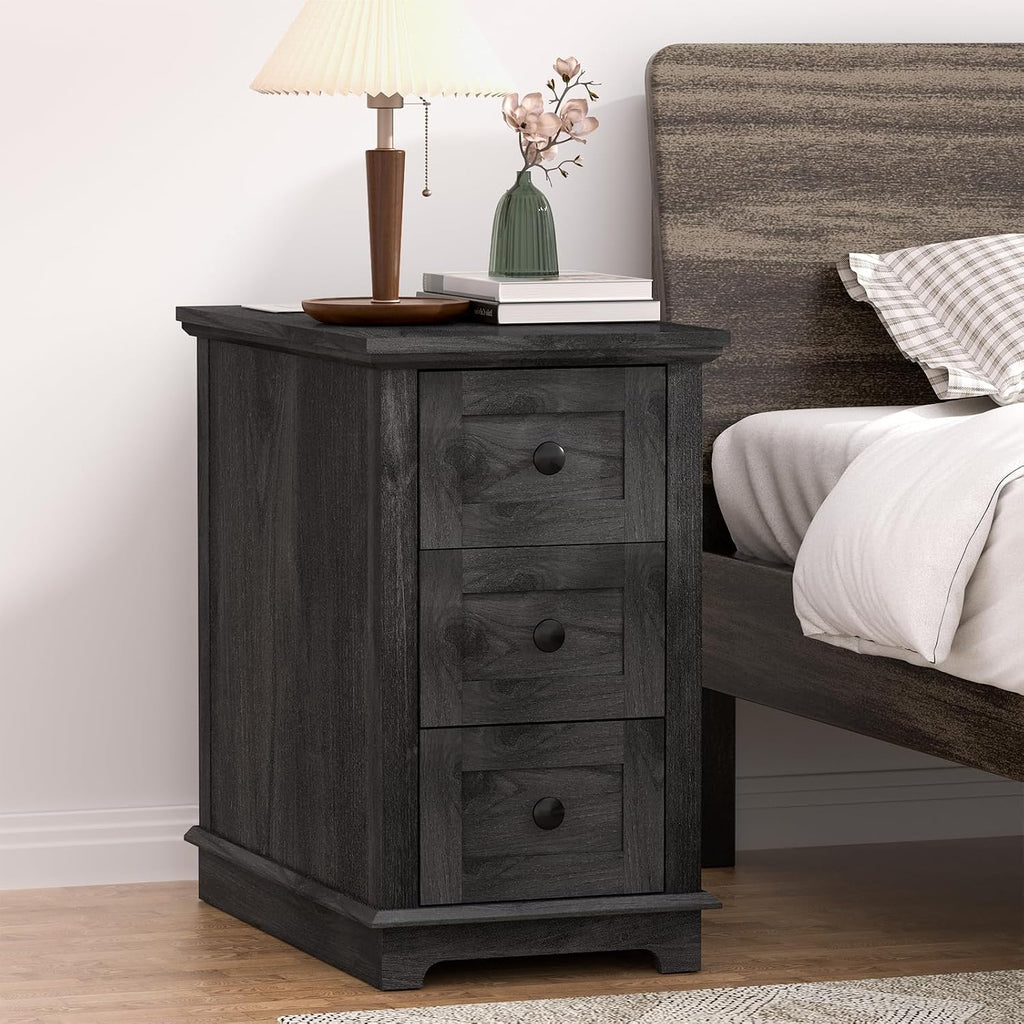 HIFYOBRO 3 Drawer Flip Top End Table with Charging Station, Narrow Wooden Side Table with Storage, Multifunctional Nightstand for Living Room & Bedroom