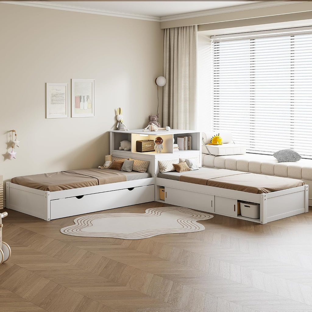 Ball & Cast Twin Size L-Shaped Platform Bed with Storage Cabinets and Multifunctional Desk,Wood Corner Daybed w/Trundle & LED Light,No Box Spring Needed,for Bedroom,Guest Room,Living Room,White