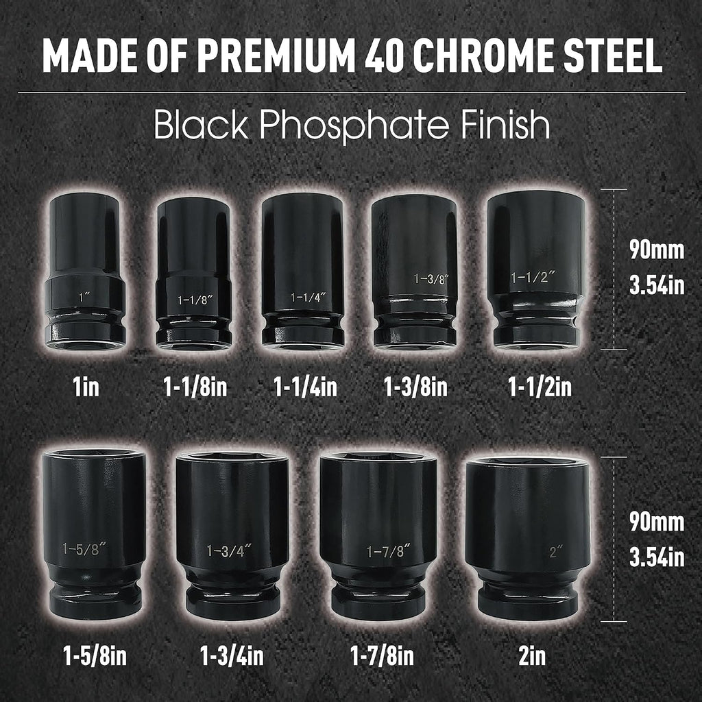 1 Inch Drive Deep Impact Socket Set, 9 Pieces Jumbo Impact Socket Sets, SAE 1' to 2', Chrome Steel, 6-Point Design, Metal Case