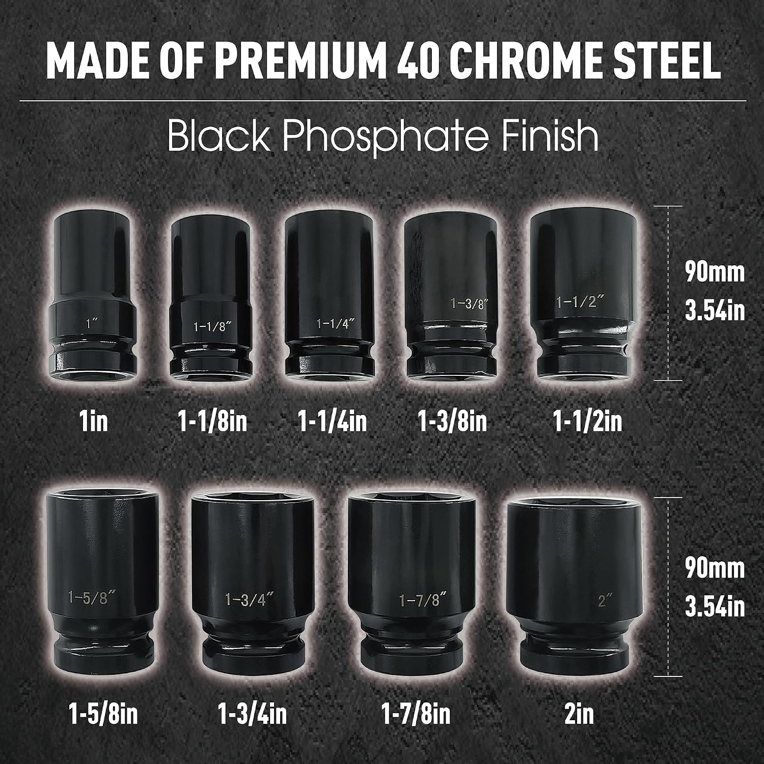 1 Inch Drive Deep Impact Socket Set, 9 Pieces Jumbo Impact Socket Sets, SAE 1' to 2', Chrome Steel, 6-Point Design, Metal Case