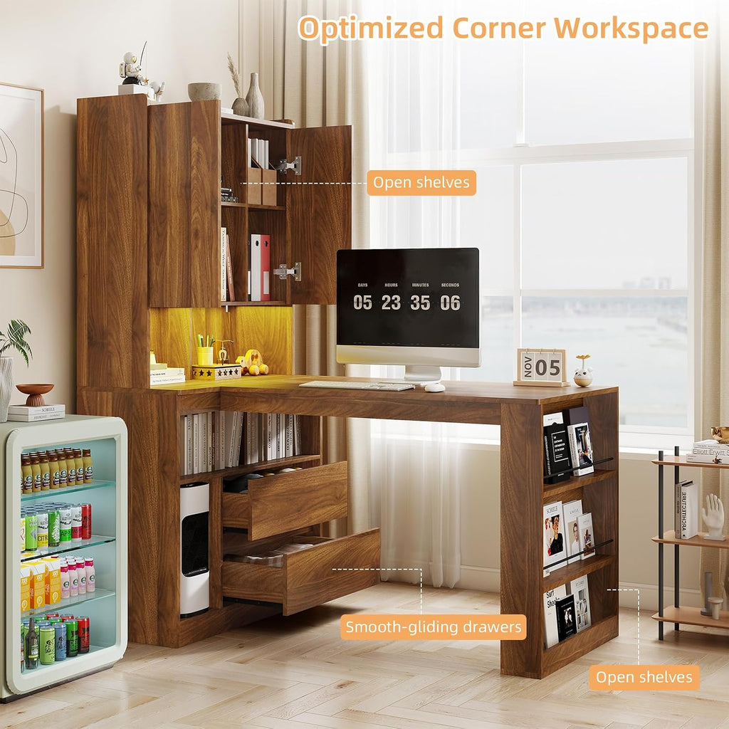 Zevemomo L Shaped Desk with Hutch and 2 Drawers, Computer Desk with USB Ports, Power Outlets & LED Light, Wood Corner Computer Desk with Storage Shelves for Home Office, Brown