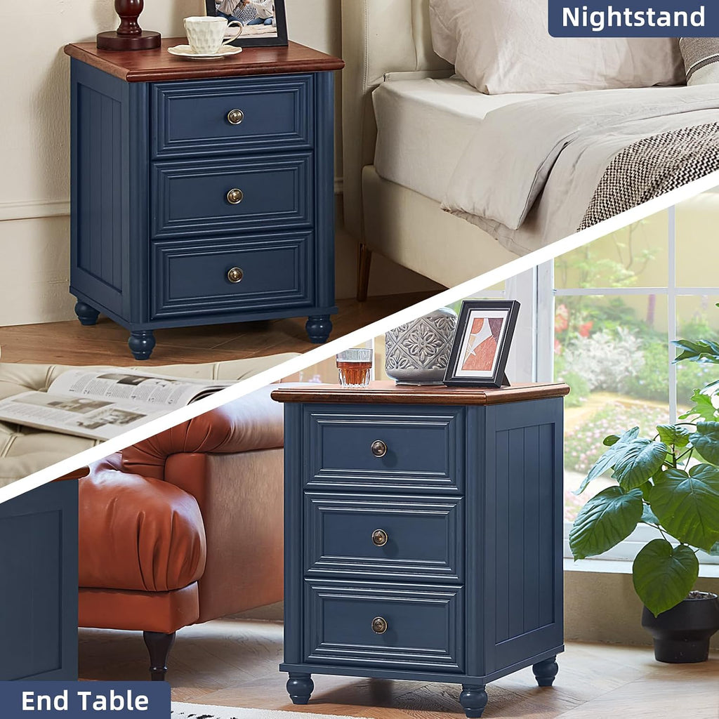 RWYHG 18' Farmhouse Night Stand Set of 2, Blue Wood Nightstand with 3 Drawers, Bedside End Table with Storage and Roman Column, Bed Side Tables Cabinet for Bedroom, Living Room, and Closet