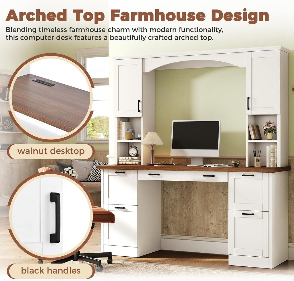 Farmhouse Arched Computer Desk with Hutch,Walnut Home Office Workstation with Charging Station & Keyboard Tray,All-in-One Writing Desk for Study, Office (White-FA)