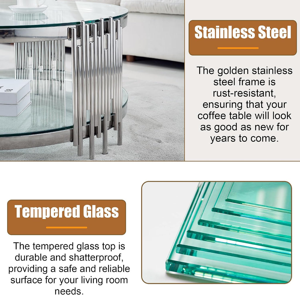 Round Glass Coffee Table Set of 3, Silver Living Room Table Set with Coffee Table and 2 End Table, 2-Tier Glass Table with Stainless Steel Legs and Clear Tempered Glass for Living Room