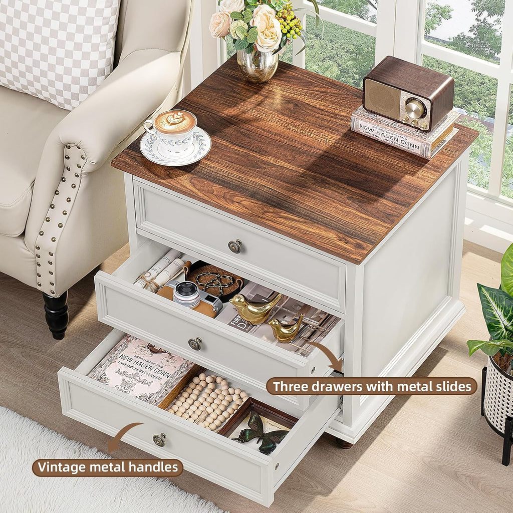 Joaxswe 24' Wide Farmhouse Night Stand Set of 2,Large End Table with 3 Drawers & Metal Handle,White Wood Dresser for Bedroom, Bed Side Table Chest of Drawers Cabinet, Nightstand for Living Room,Closet