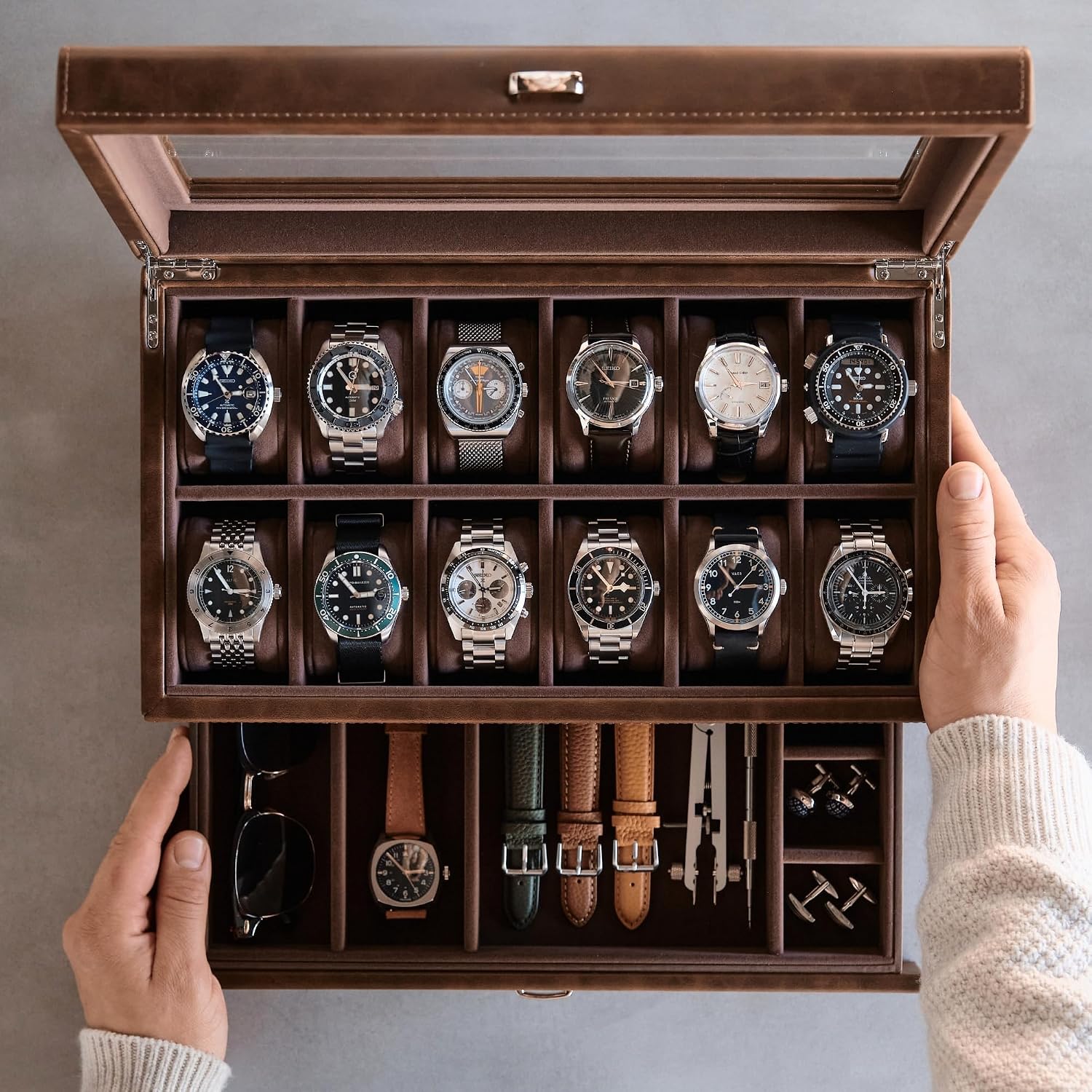 TAWBURY Watch Box for Men - 12 Slot Watch Case with Storage Drawer, Real Glass Display and 2-inch Wide Pillows for Large Watches (Brown)