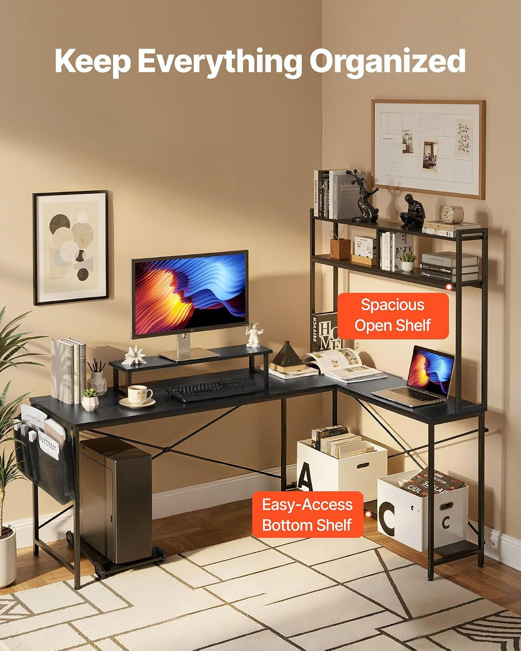 VEVOR L-Shaped Computer Desk, 67-inch Reversible Corner Gaming Desk with Monitor Stand & Movable CPU Stand, Modern Stylish PC Table Sturdy Work Workstation for Home Office - Easy to Assembly