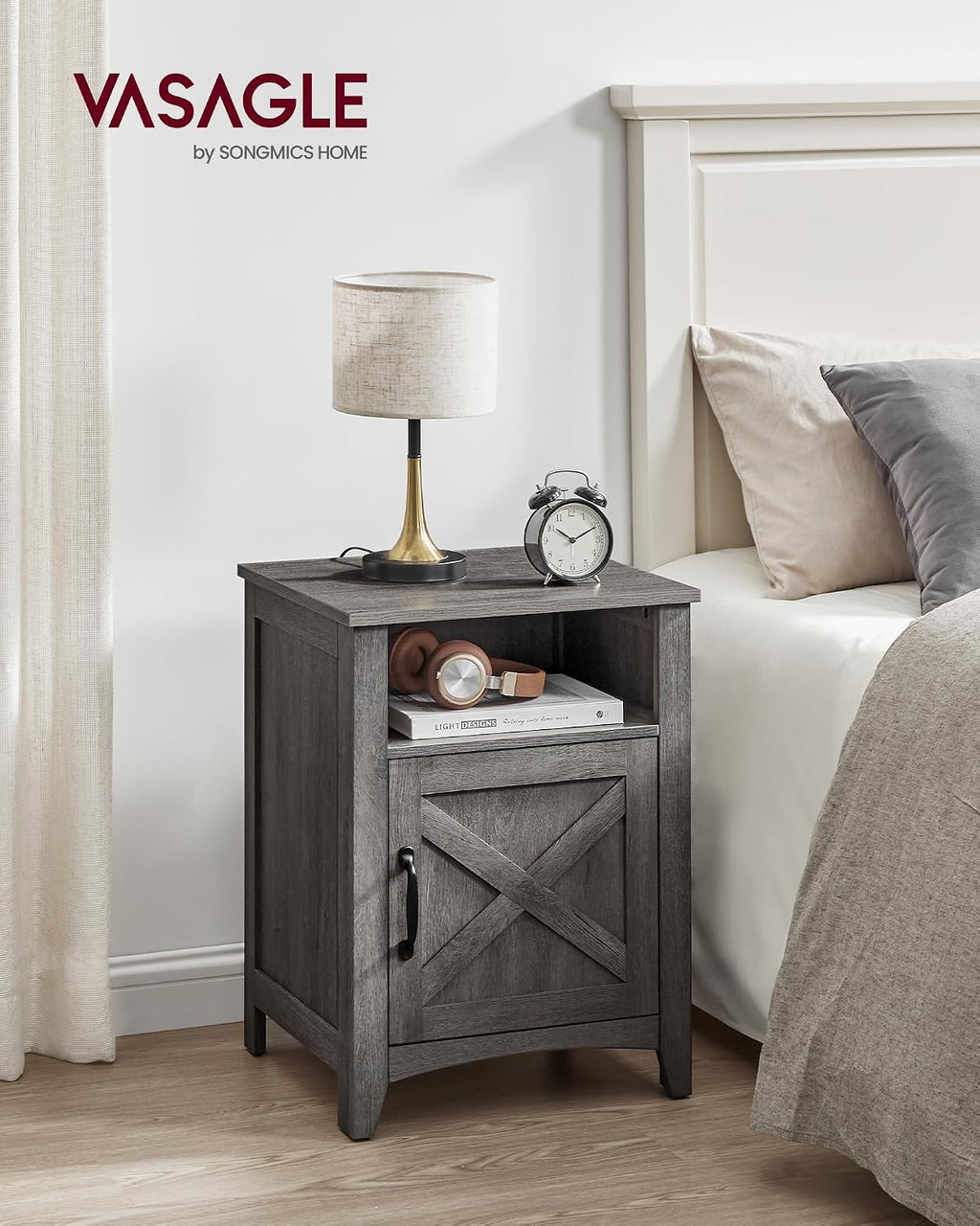 VASAGLE LIRY Collection - Farmhouse Nightstand with Barn Door, Set of 2, Bedside Table with Storage, Side End Table, Night Stand, Open Compartment, for Bedroom, Misty Gray ULET809G68