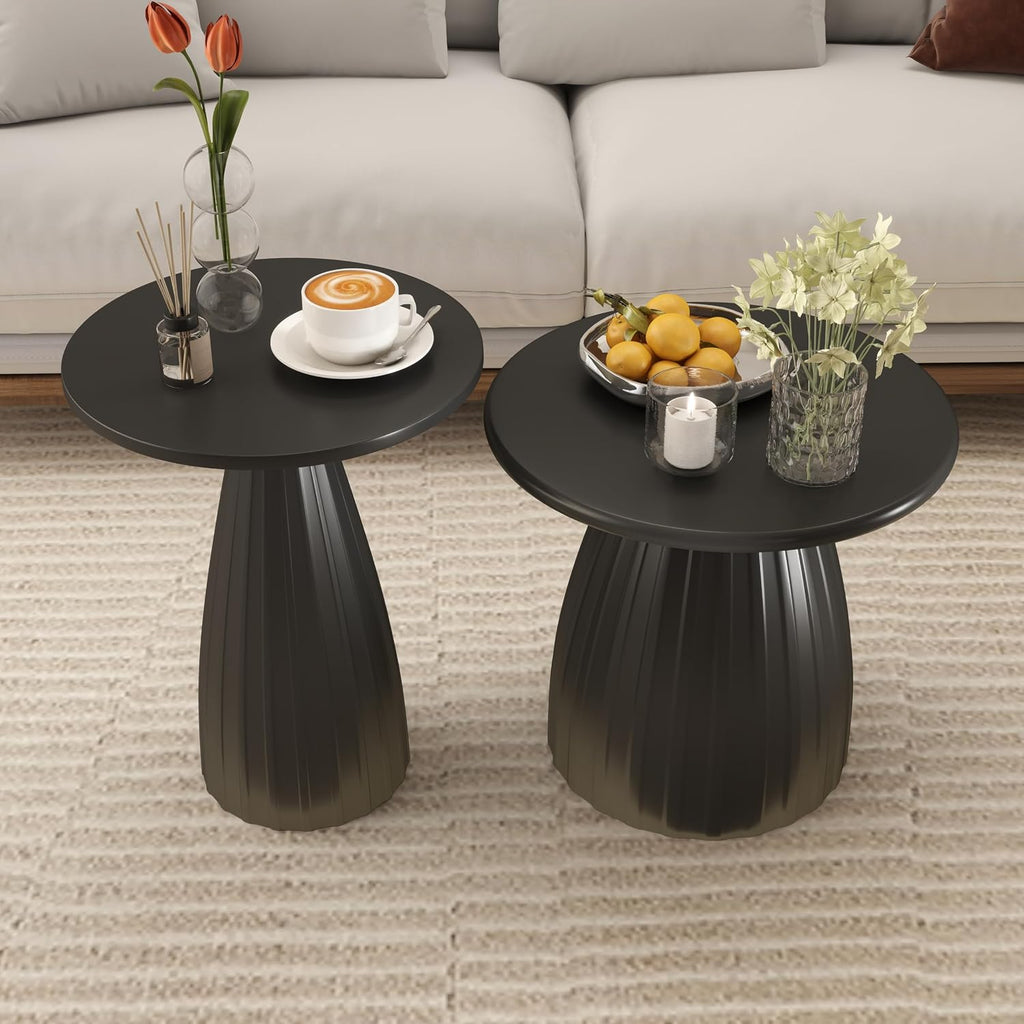 Black Round Side Table Set of 2 for Sofa, Metal Small Circle Couch End Table, Modern Round Nightstand, Mid Century Bedroom Night Stand, for Living Room, Skinny, 15.5 Inches