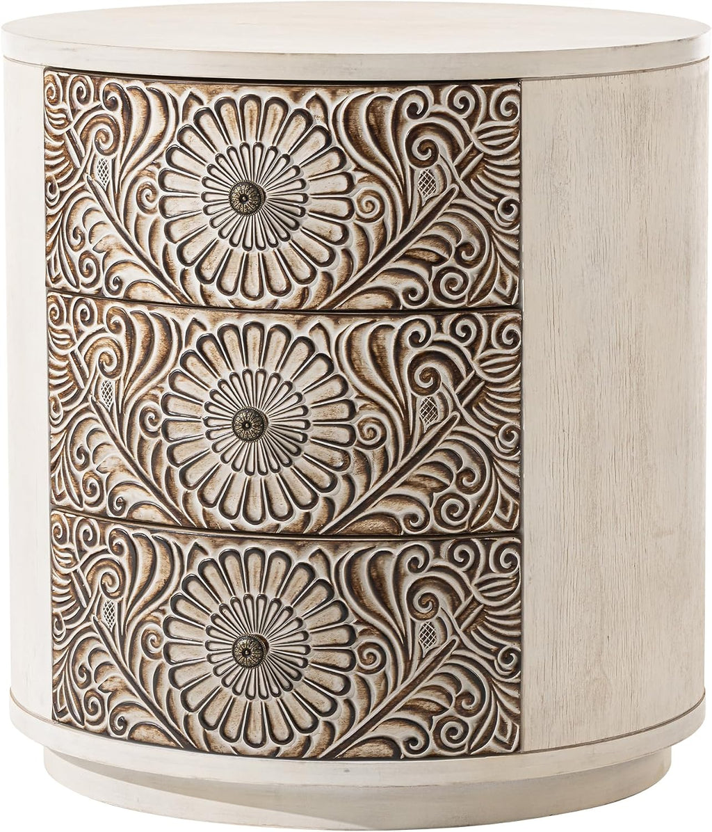 SUNBURY End Table Living Room Small Side Table w 3 Drawers, Vintage Bedside Table, Elegant Nightstand Small Dresser for Bedroom, Lightweight MDF Accent Table (Floral Texture)