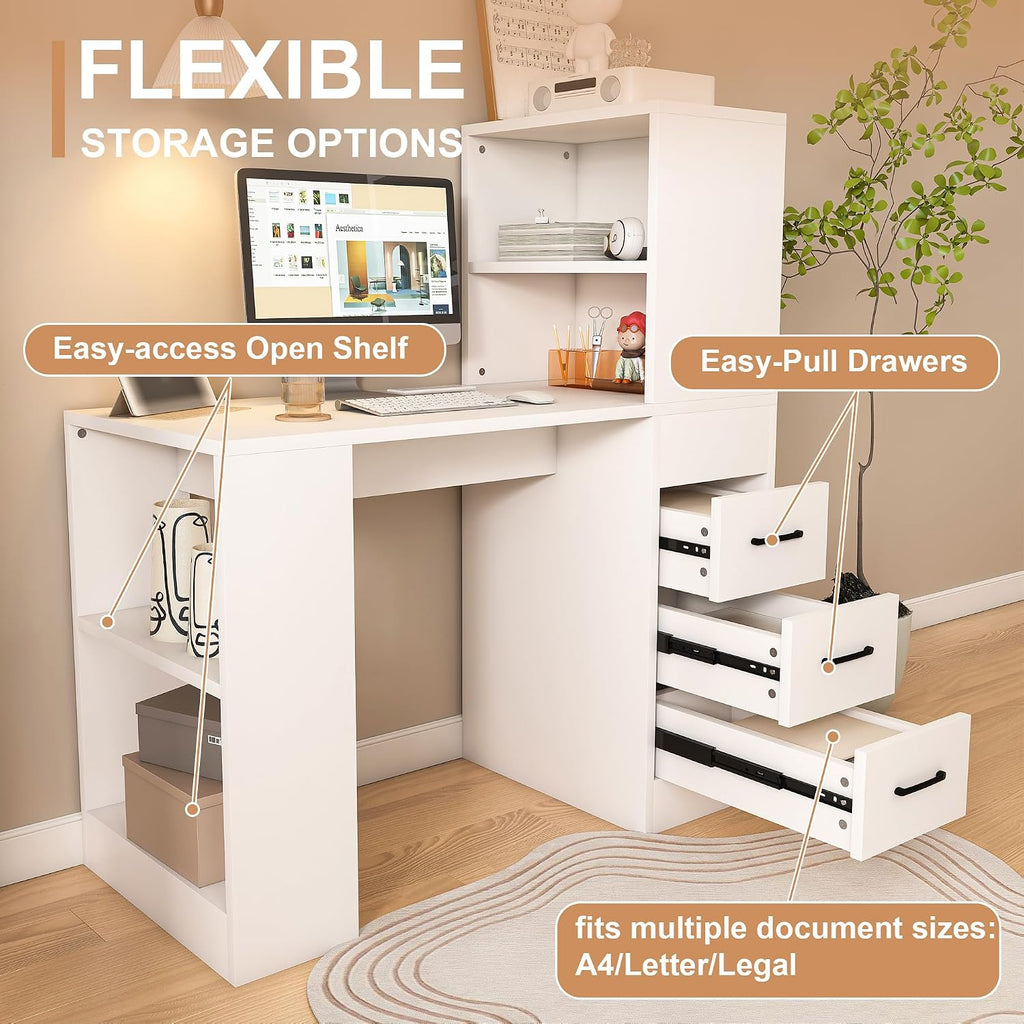 KEIKI L Shaped Desk with Drawers and Hutch, Corner Office Desk with Storage, Computer Desk with 4-in-1 Socket, 3 Drawers & 4 Shelves, White