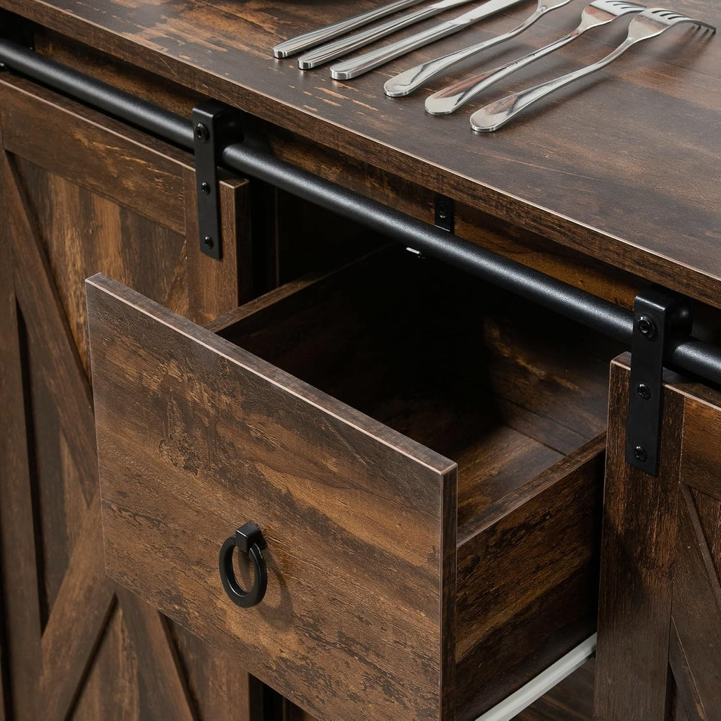 Industrial Farmhouse Buffet Cabinet, Kitchen Sideboard with Sliding Barn Doors, Three Drawers and Adjustable Shelves for Living Room, Dining Room, Rustic Brown ﻿,for The Kitchen