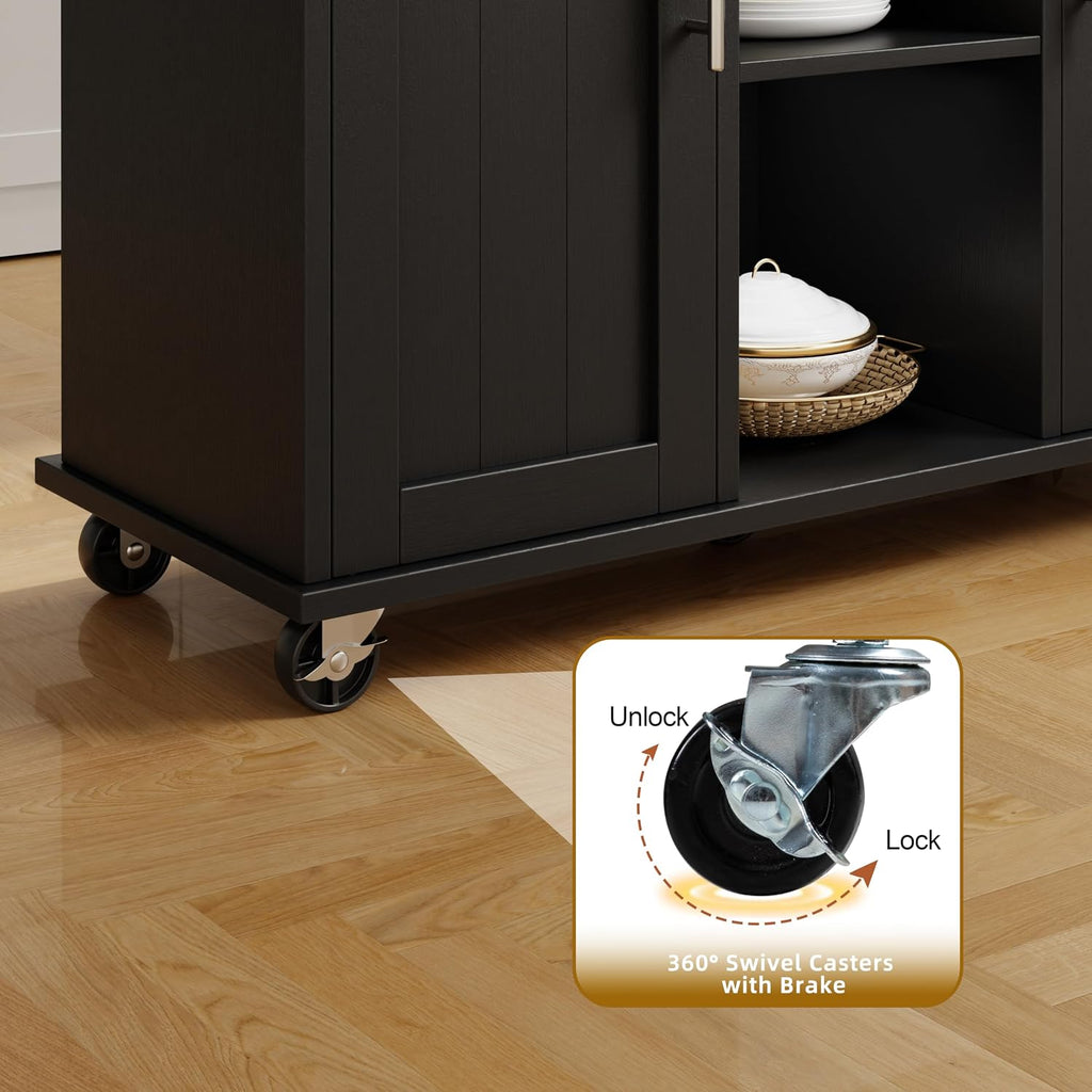 SUNLEI Rolling Kitchen Island Cart with Wheels, Island Table for Kitchen, Farmhouse Kitchen Cart with Drop Leaf & Towel Rack & Drawer, Kitchen Island with Storage Cabinet, Black