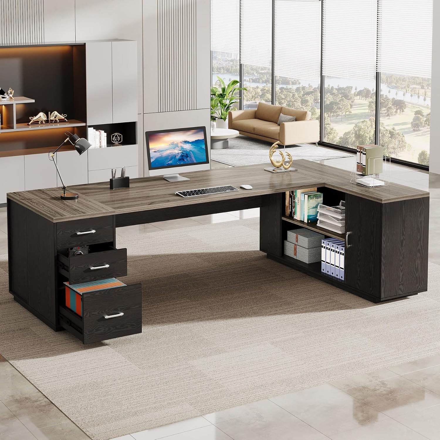 Tribesigns 85.8-Inch L-Shaped Executive Desk, Extra Large Modern Office Desk with File Drawers, Door Cabinet & Shelves, Commercial Office Table, Home Business Workstation, Grey & Black
