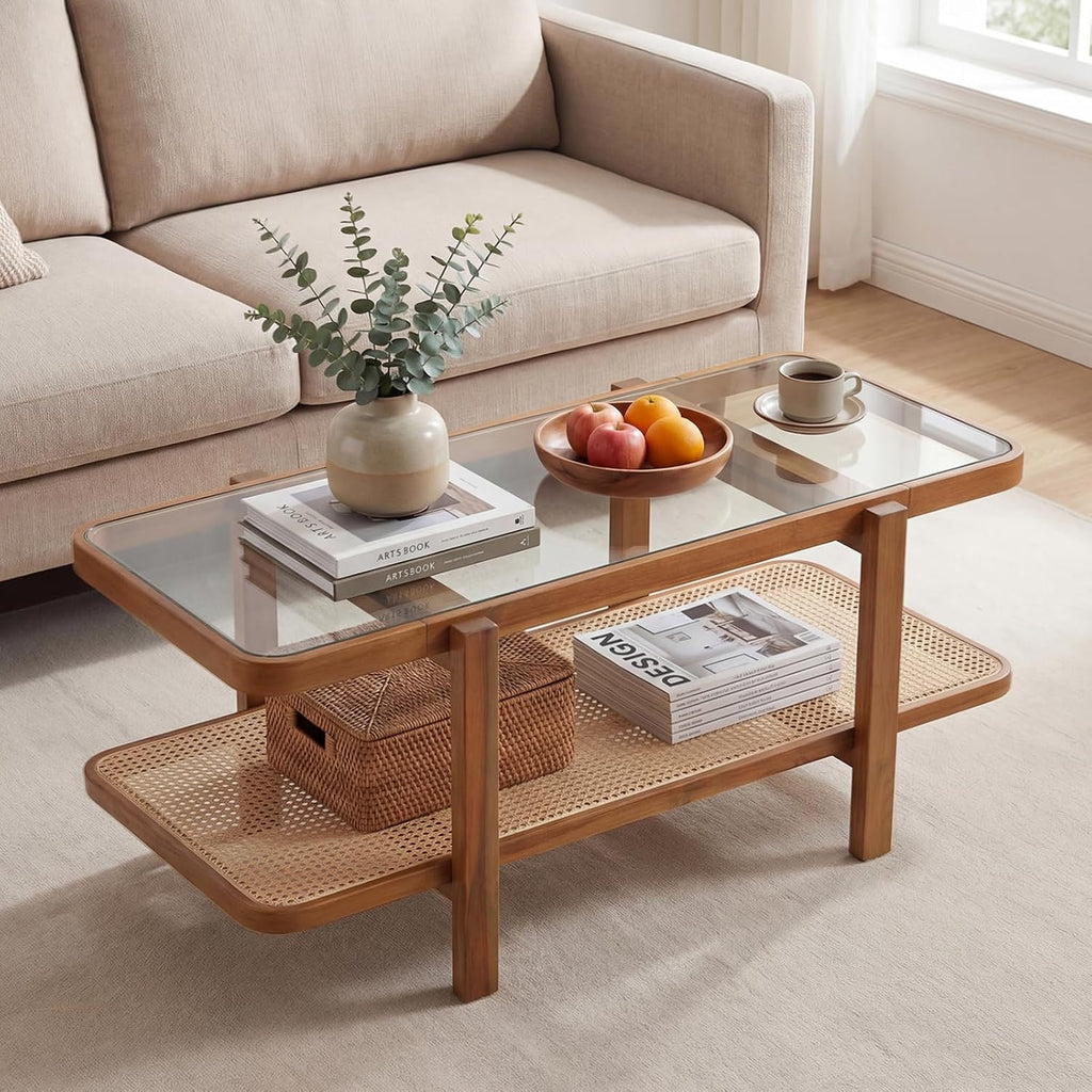 GOFLAME Rattan Coffee Table, 47.5' Solid Wood Center Table with Tempered Glass Top & Rattan Storage Shelf, Rectangular, Farmhouse, Boho, 2-Tier Mid Century Modern Tea Table for Living Room (Walnut)