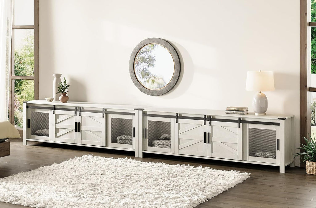 WAMPAT Farmhouse TV Stand for 100 Inch TV with Sliding Barn Door, Set of Two Modern Wood Entertainment Center with Storage Cabinets, Media Console Table for Living Room Bedroom，Antique White