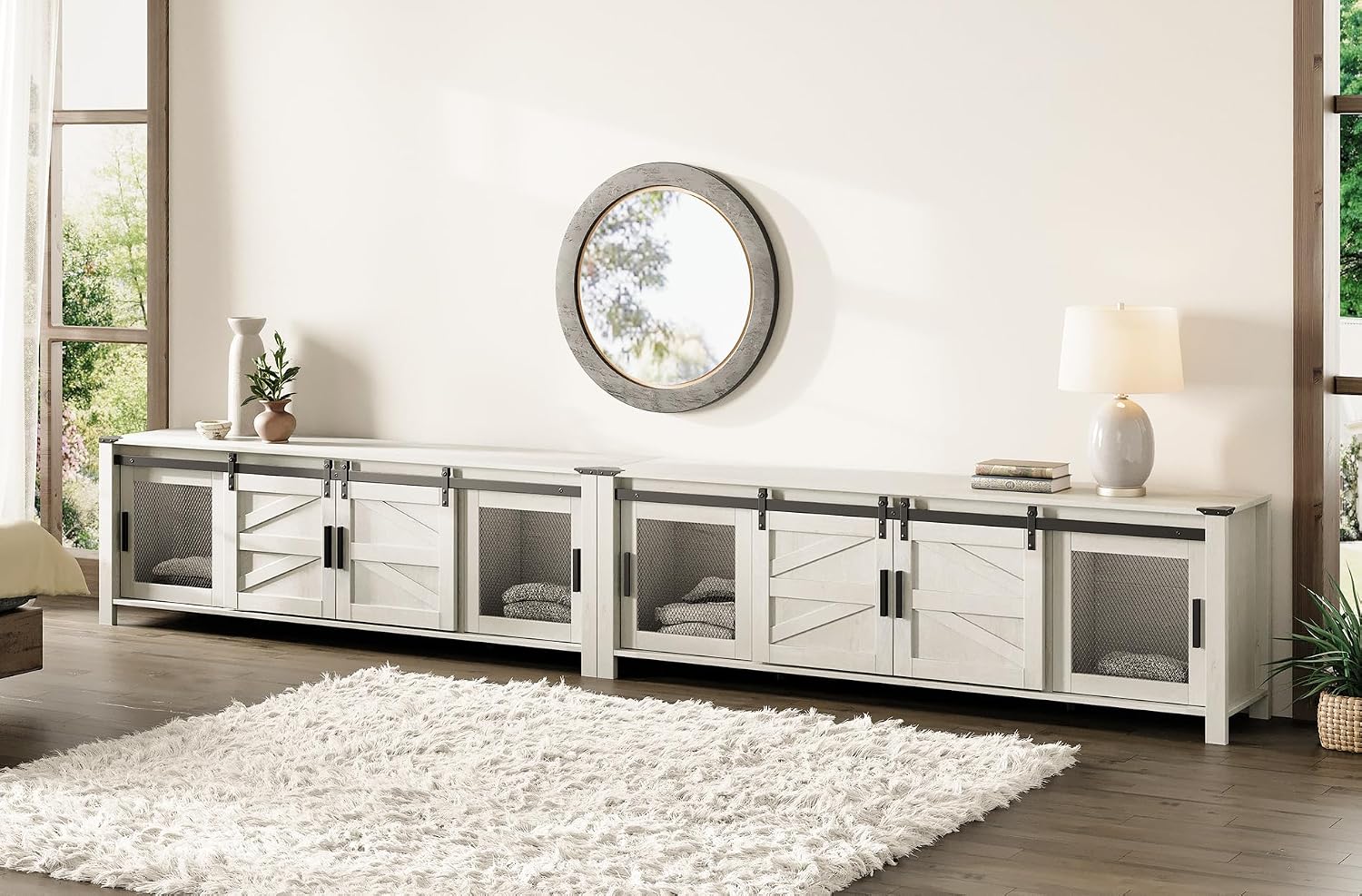 WAMPAT Farmhouse TV Stand for 100 Inch TV with Sliding Barn Door, Set of Two Modern Wood Entertainment Center with Storage Cabinets, Media Console Table for Living Room Bedroom，Antique White