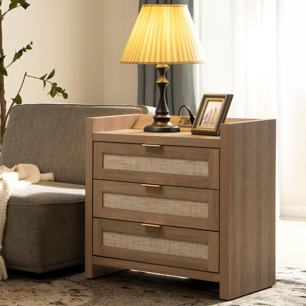 SICOTAS Rattan Night Stand Set of 2 - Tall Nightstands with Type-C Charging Station, 3 Rattan Storage Drawers, Larger Nightstand Boho Bedside Table End Table for Bedroom Sofa Couch Office - Oak
