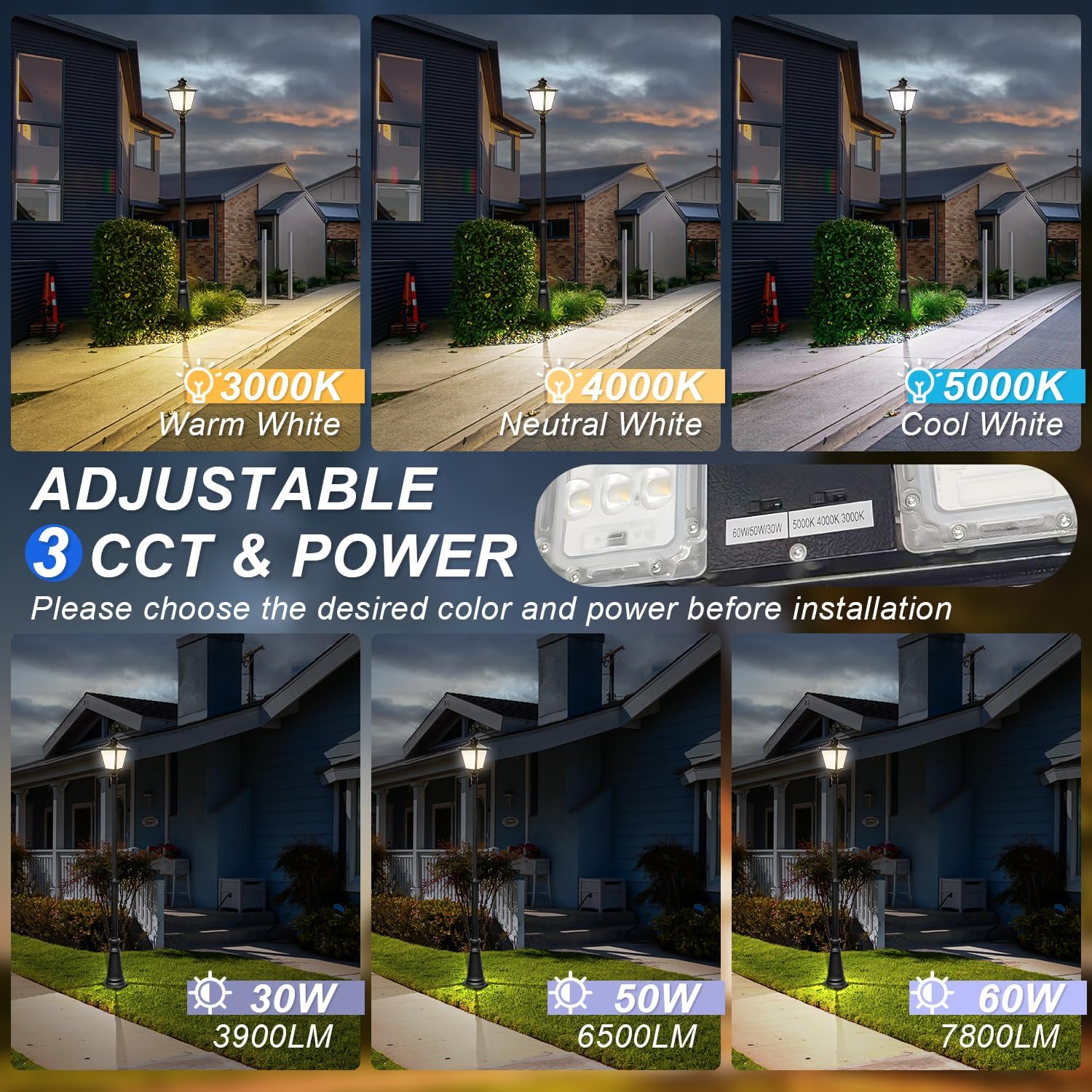 LED Post Top Light 60W/50W/30W Power Tunable, 3CCT 3000K/4000K/5000K Outdoor Post Pole Lights, IP65 Waterproof LED Parking Lot Light for Garden Yard Street Lighting, AC100-277V UL Listed