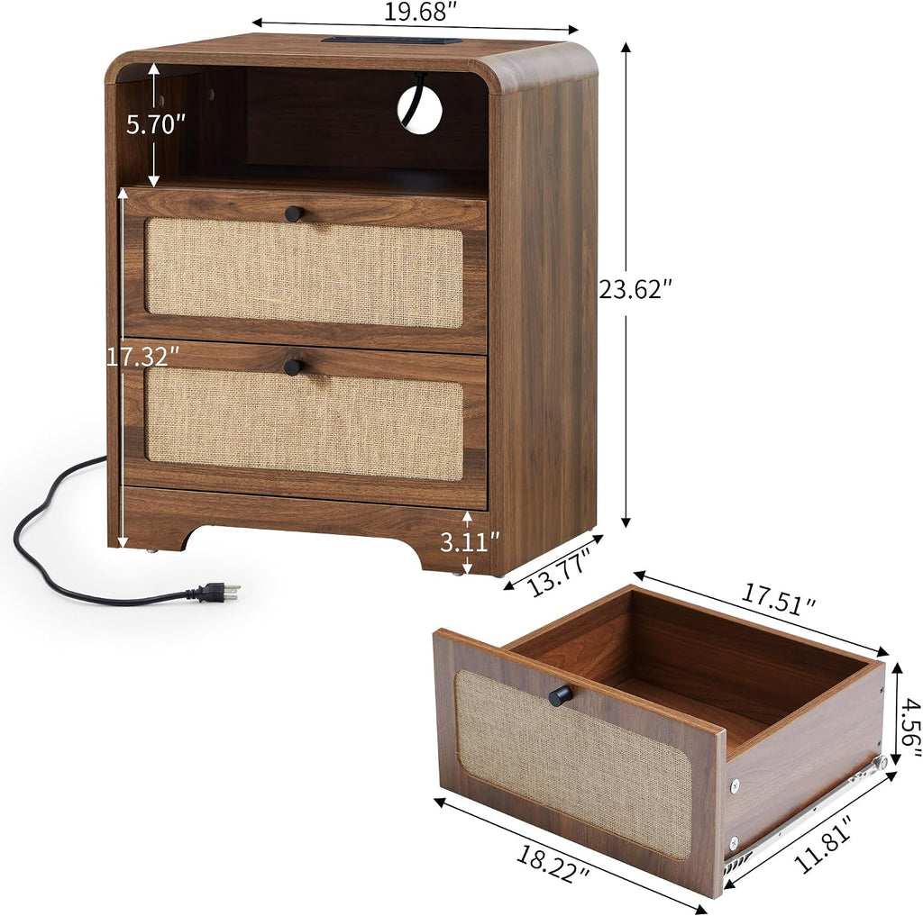 Nightstand with Drawers Set of 2, Mid-Century Living Room Wood End Table with Charging Station for Couch, Night Stand with Charger Station, Linen Decor Side Table for Bedroom