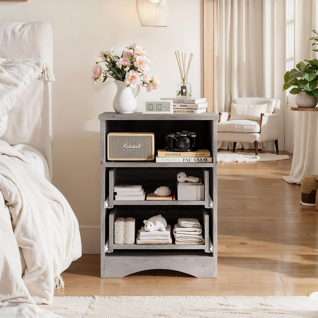 Set of 2 Nightstand with 2 Drawers, 18'W Night Stand with Drawers for Bedroom, Large Accent Bed Side Table and End Table with Open Compartment-Easy Pull Handle, Textured Border for Living Room,Gray