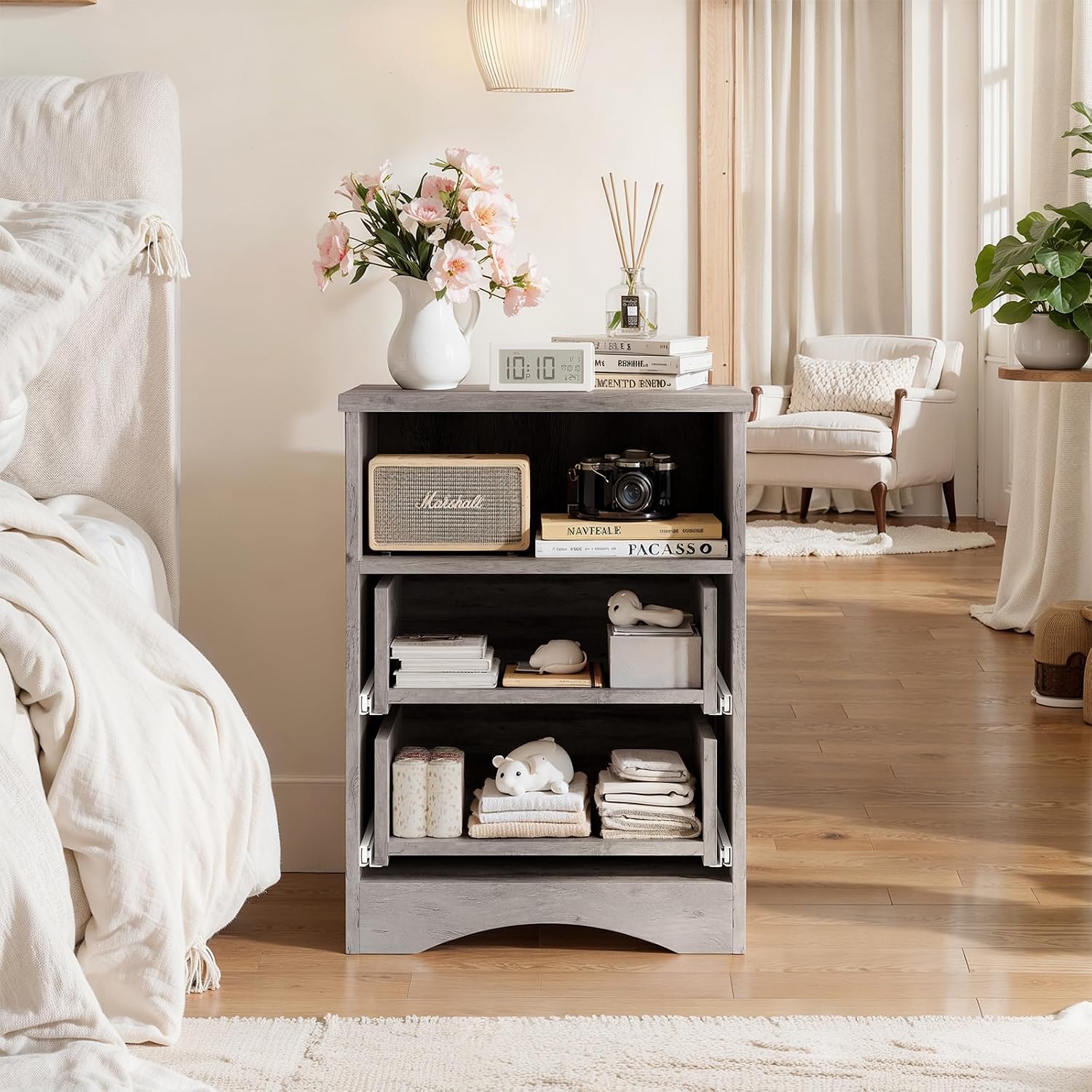 Set of 2 Nightstand with 2 Drawers, 18'W Night Stand with Drawers for Bedroom, Large Accent Bed Side Table and End Table with Open Compartment-Easy Pull Handle, Textured Border for Living Room,Gray