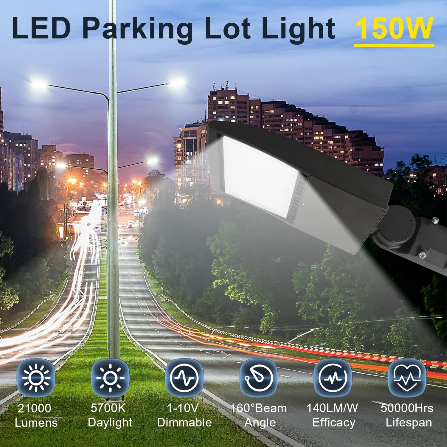 150W LED Parking Lot Light, 21000LM(140lm/w) LED Shoebox Area Light, 5700K Dimmable Commercial Outdoor Street Lighting (650W HID/HPS Equivalent) with Slip Fitter Mount, IP65 100-277VAC UL Listed