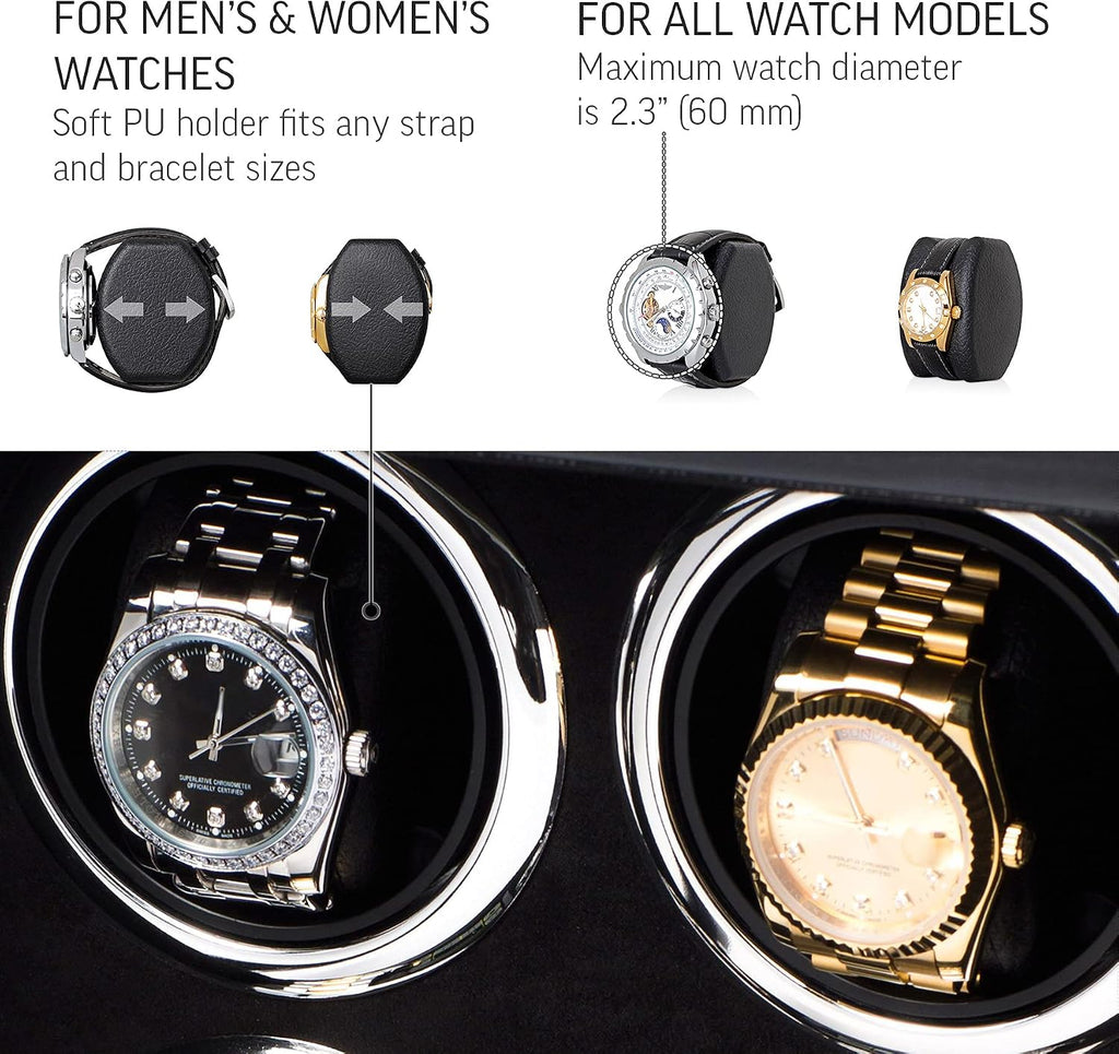 Watch Winder for 4 Watches with LED Backlight, LCD Display and Motor-Stop Option (Black & Grey)