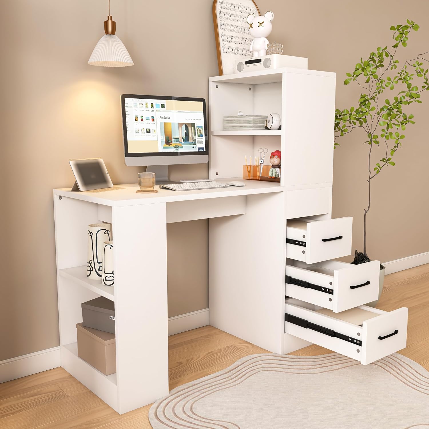 KEIKI L Shaped Desk with Drawers and Hutch, Corner Office Desk with Storage, Computer Desk with 4-in-1 Socket, 3 Drawers & 4 Shelves, White