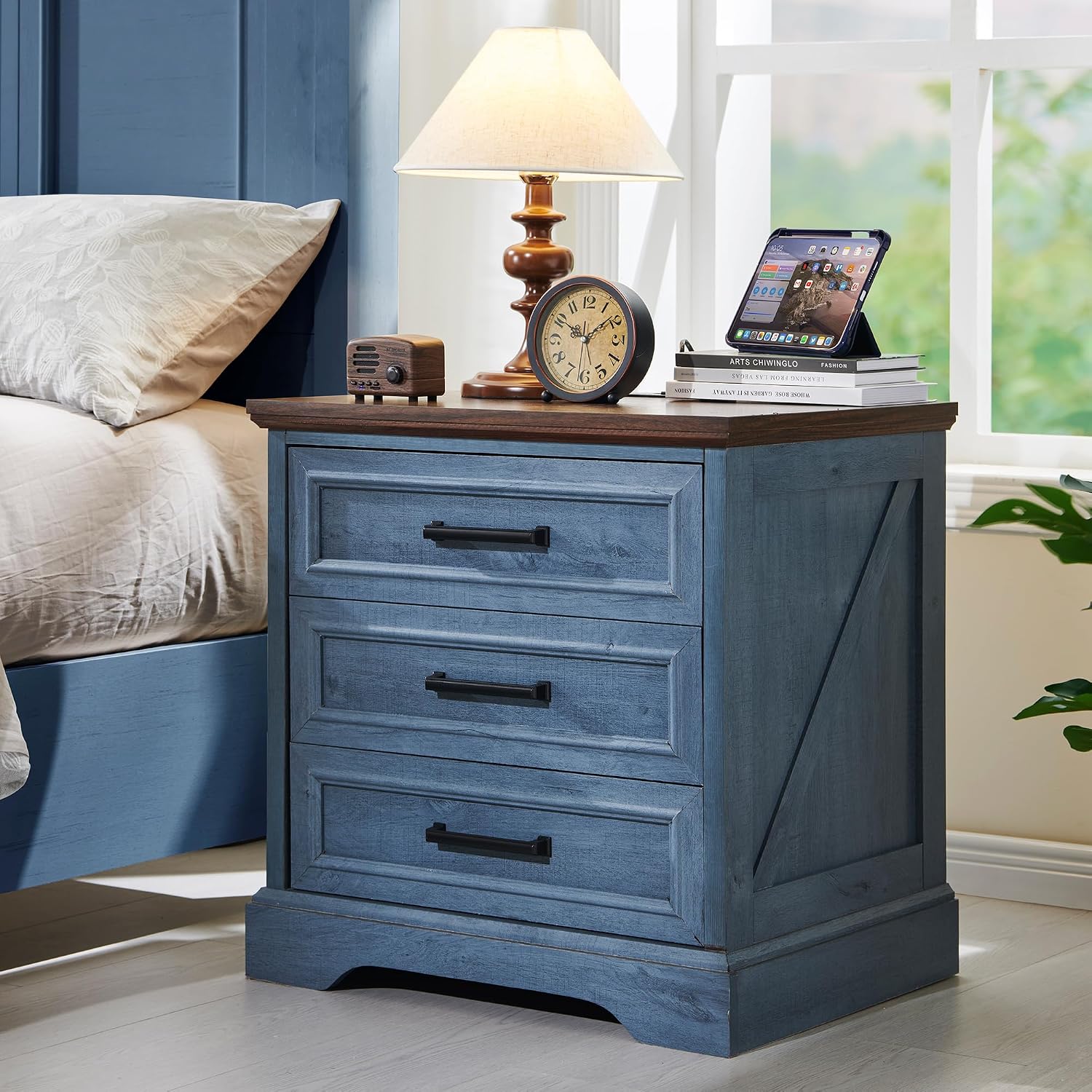 ACCOHOHO Farmhouse Nightstands Set of 2, 22 Inch Wide End Table with Charging Station & 3 Large Drawers, Rustic Wood Small Dresser Chest of Drawers for Bedroom, Living Room, Blue