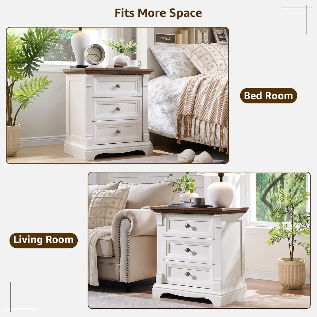 T4TREAM Farmhouse 26' Tall Nightstand with Charging Station, 23.6' End Table with 3 Drawers Storage, Wood Side Table w/Roman Column, Bedside Cabinet for Bedroom, Living Room, Antique White