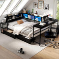 Corner Bed Frame with Storage Bookcase and Led Lights, Twin Size Metal Platform Bed Frame with Storage Drawers and Charging Station & Desk, Twin Daybed for Living Room & Guest Room (Black, Twin)