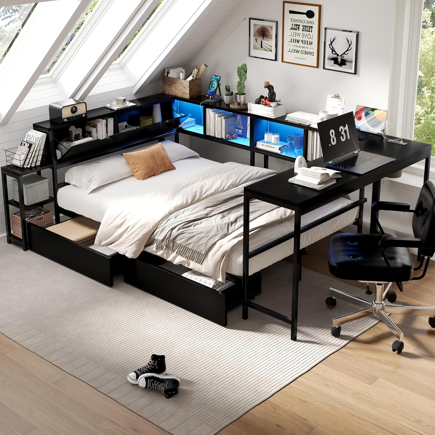 Full Corner Bed Frame with Desk and Storage, Full Size Captains Bed with Charging Station and LED Light, Wood Daybeds with L-Shaped Bookcase and 2 Drawers (Black, Full)