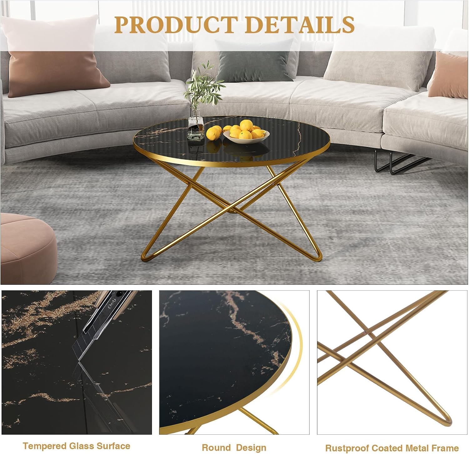 HLR Modern Round Coffee Table and Side Table Set of 3,End Table with Faux Marble Top and Gold Metal Frame, Side Table for Living Room, Bedroom, Sofa and Couch, Gold Legs, Black Marble Top
