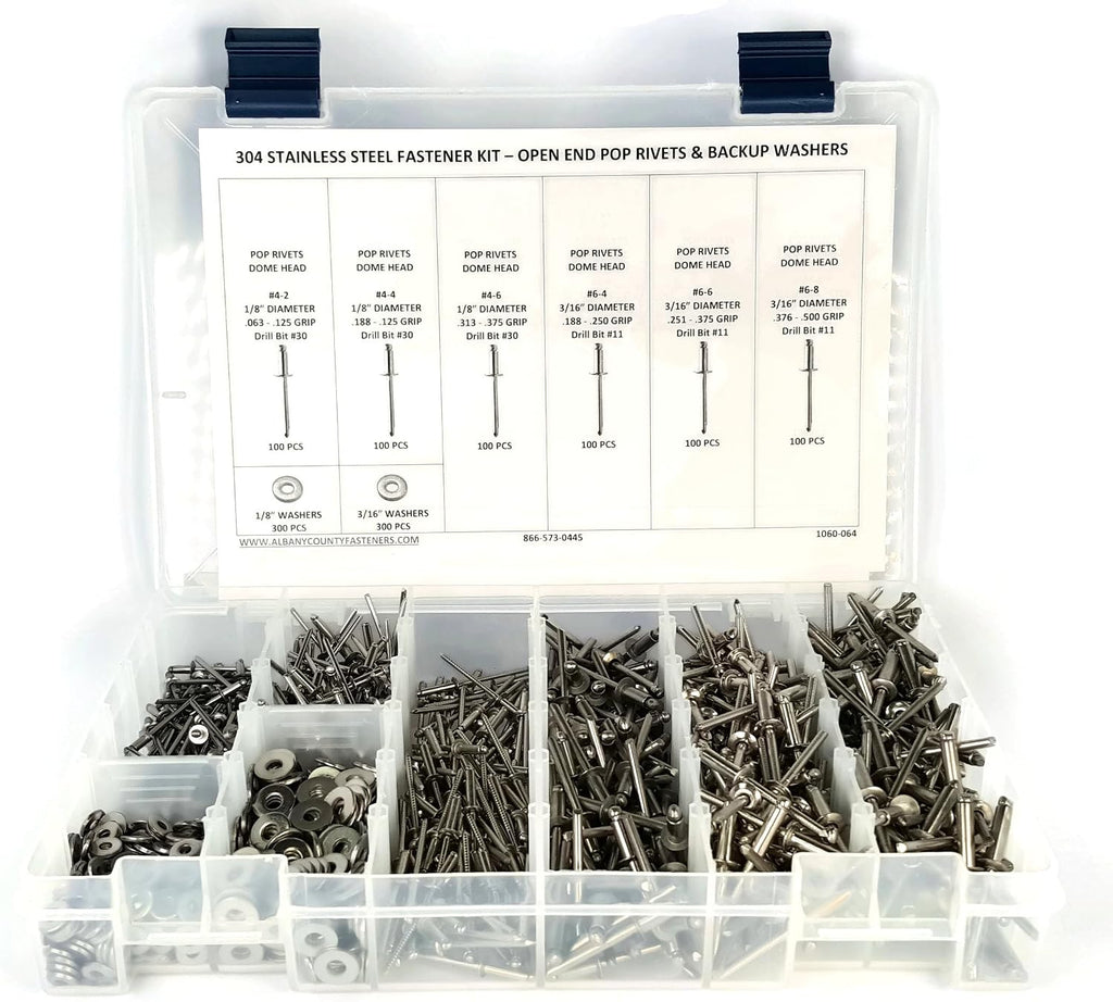 Stainless Steel Pop Rivet Assortment Kit with Backing Washers - 1201 Pieces