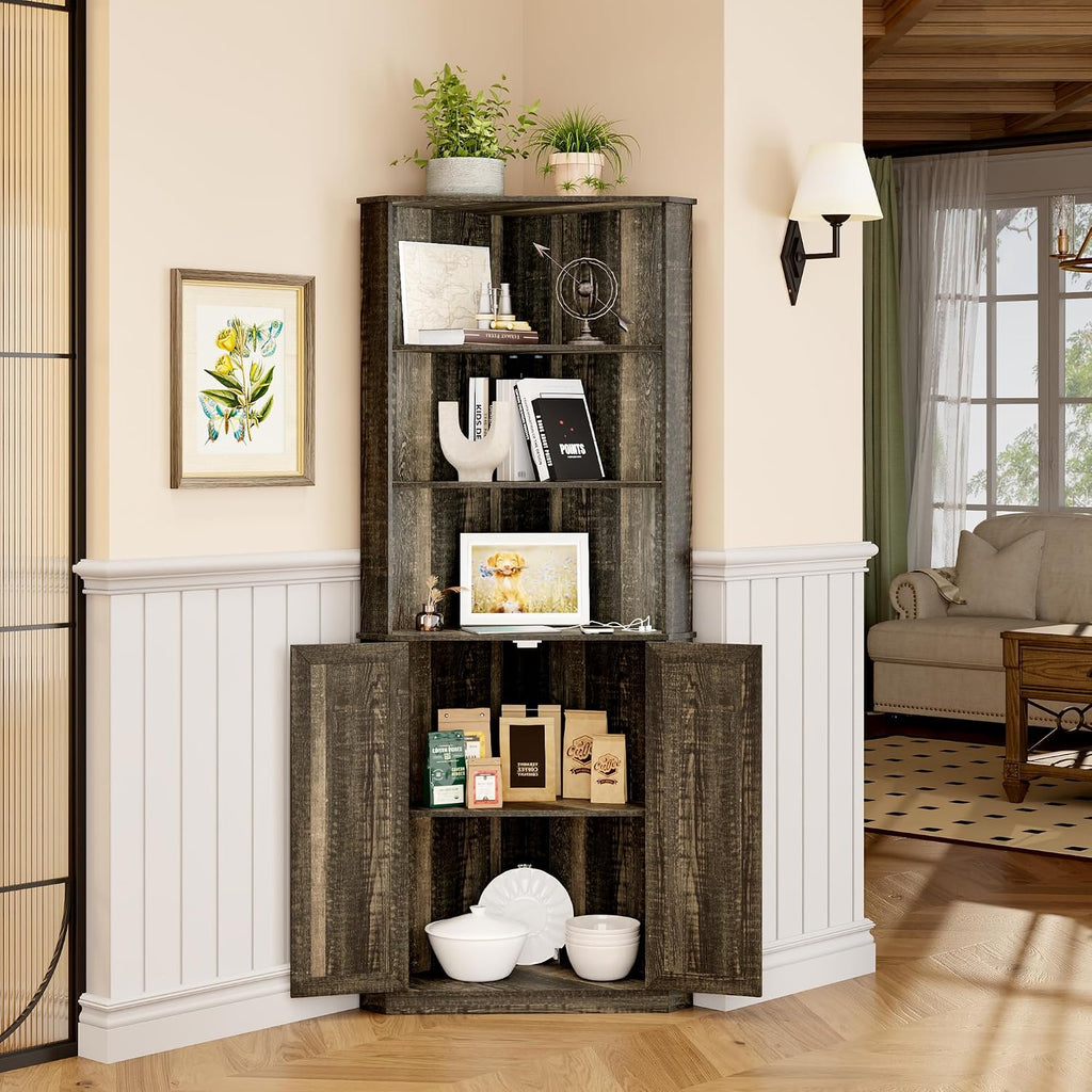 FREDEES Tall Corner Cabinet with LED Light, Farmhouse Bathroom Cabinet with 2 Doors and 3 Tier Shelves, Free Standing Corner Storage Cabinet for Laundry Room, Living Room or Kitchen, Rustic Brown
